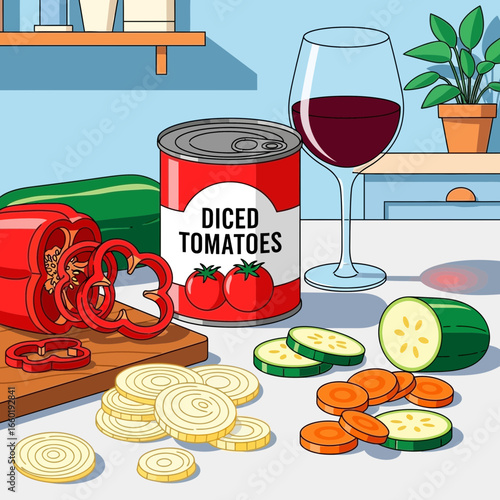 Freshly Prepared Ingredients for a Delicious Meal with a Glass of Red Wine