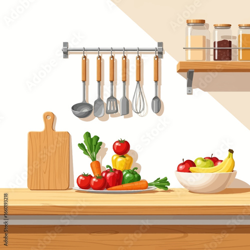 Kitchen counter with fresh vegetables and fruits ready for healthy meal preparation. Concept of home cooking and nutritious diet.