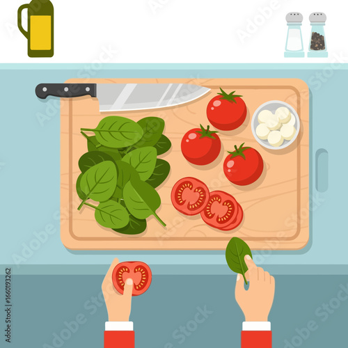 Healthy cooking concept with a person preparing a fresh salad with tomatoes, spinach, and mozzarella on a wooden cutting board, top view illustration.