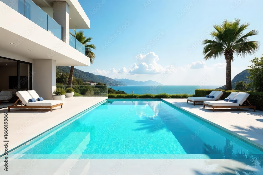 Fototapeta premium Sun-Drenched Geometric Pool Tranquil Blue Waters Ideal for Luxury Resort or Modern Home Relaxation