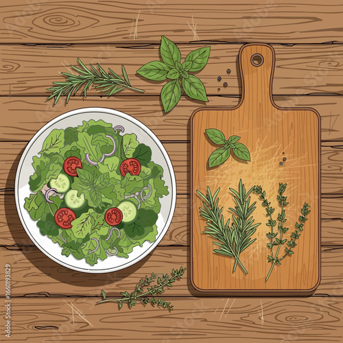 Fresh Salad with Herbs and Ingredients on a Wooden Surface A Healthy Meal Concept