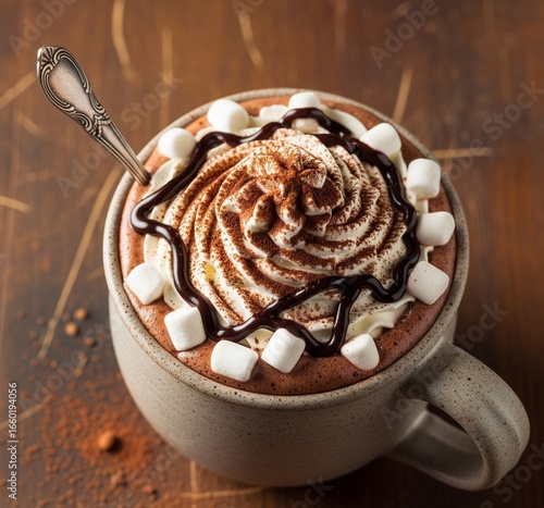 Warm and inviting hot chocolate in a brown ceramic mug, garnished with chocolate syrup and cocoa powder, set on a rustic wooden surface. Ideal for comfort and relaxation.