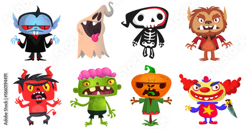 Cartoon set of Halloween characters design. Vector  illustration of mummy zombie vampire ghost grim reaper devil werewolf witch pumpkin head