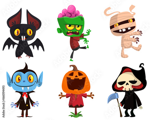 Cartoon set of Halloween characters design. Vector  illustration of mummy zombie vampire ghost grim reaper devil werewolf witch pumpkin head