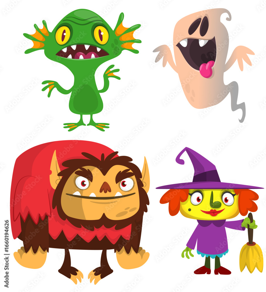 Obraz premium Cartoon set of Halloween characters design. Vector illustration of ghost werewolf witch pumpkin head
