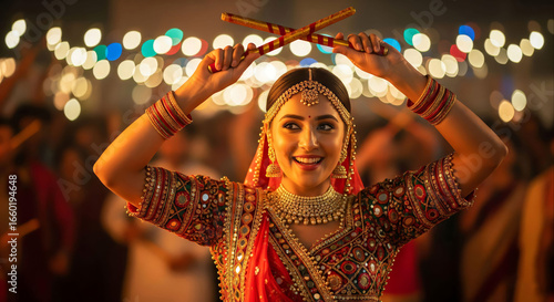 Joyful Indian Woman Dancing Dandiya at a Vibrant Festival