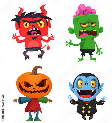 Cartoon set of Halloween characters design. Vector  illustration of mummy zombie vampire devil witch pumpkin head