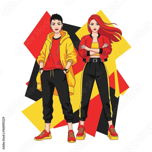 Two Stylish Young Women Posing in Vibrant Outfits on Abstract Background