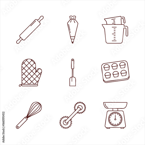 Collection of baking utensils including rolling pin whisk measuring cups oven mitt kitchen