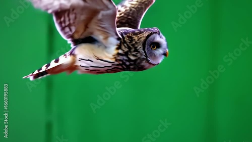 Dramatic owl soars powerfully against vibrant green sky, wings outstretched in dynamic flight