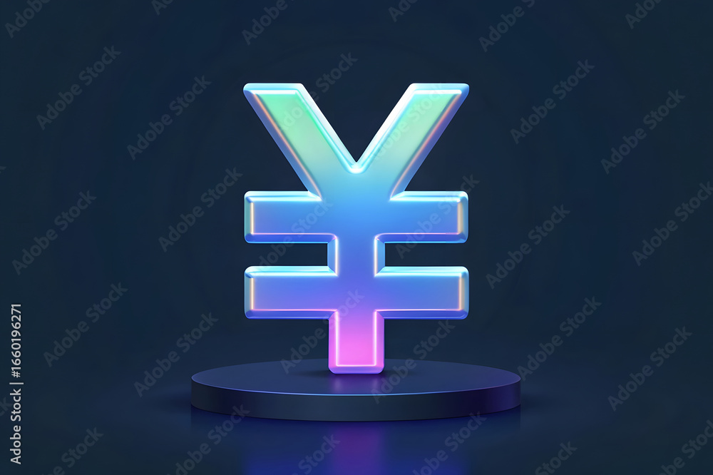 Obraz premium Colorful 3D Holographic Symbol of Japanese Yen Currency on Dark Background