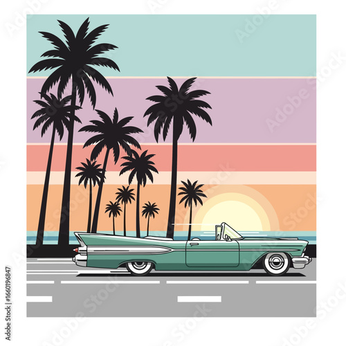 A classic convertible cruiser on a scenic coastal highway with silhouetted palm trees against a retro sunset sky