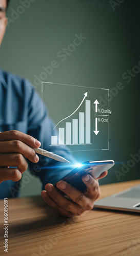 Businessman analyzing digital bar graph with stylus and smartphone, showing increasing quality and decreasing cost, modern technology, financial growth, and innovation concept