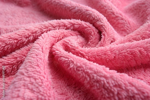 Soft and fluffy pink fabric with a plush texture, captured in a closeup showing its inviting folds