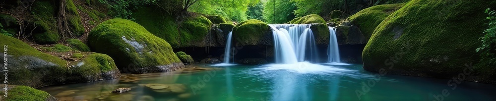 Fototapeta premium Serene waterfall cascading over mossy rocks, creating a tranquil and peaceful atmosphere perfect for relaxation and meditation Ideal for spa, travel, and nature themes , retreat, quiet, energy