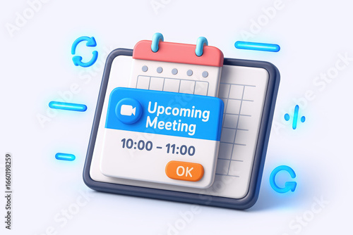 A digital calendar reminder for an upcoming virtual meeting, featuring a blue design and modern illustrations.