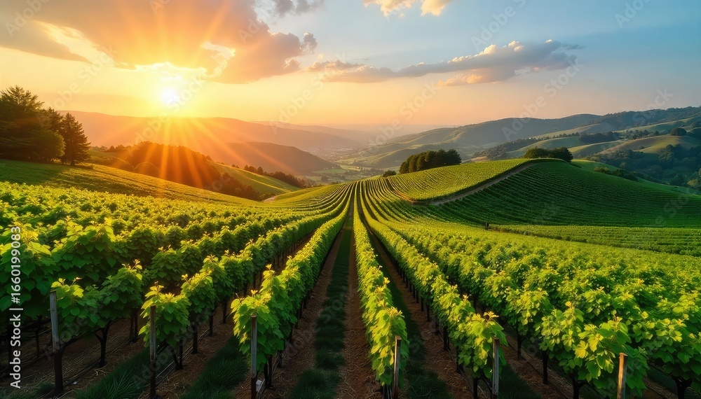 Naklejka premium Golden Hour Harvest Sun-Drenched Vineyards Rolling Across the Idyllic Countryside