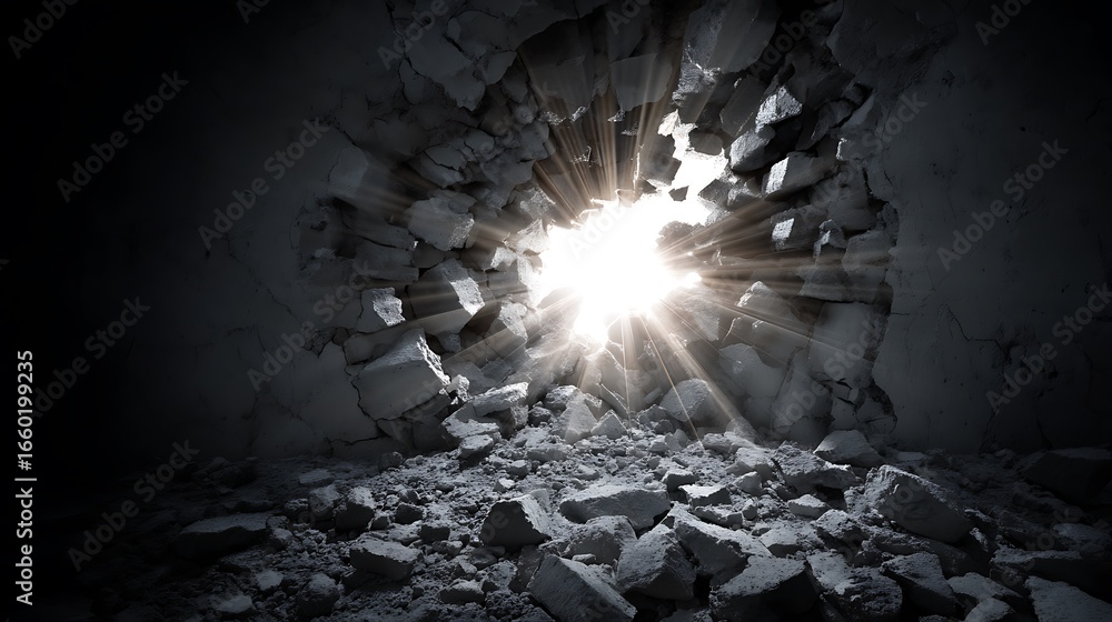 Obraz premium A crumbling mental wall breaking into fragments, with rays of light shining through the cracks, symbolizing breaking old beliefs and letting in new insight 