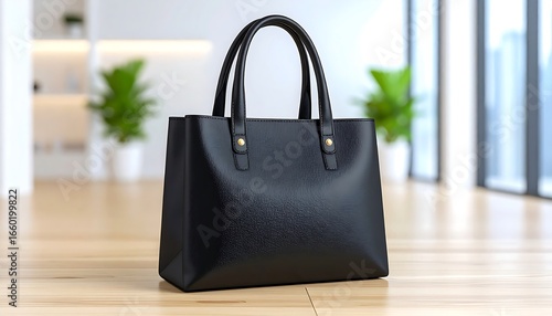 Wallpaper Mural A stylish black leather tote bag sits on a light wood floor in a modern, bright interior. Torontodigital.ca