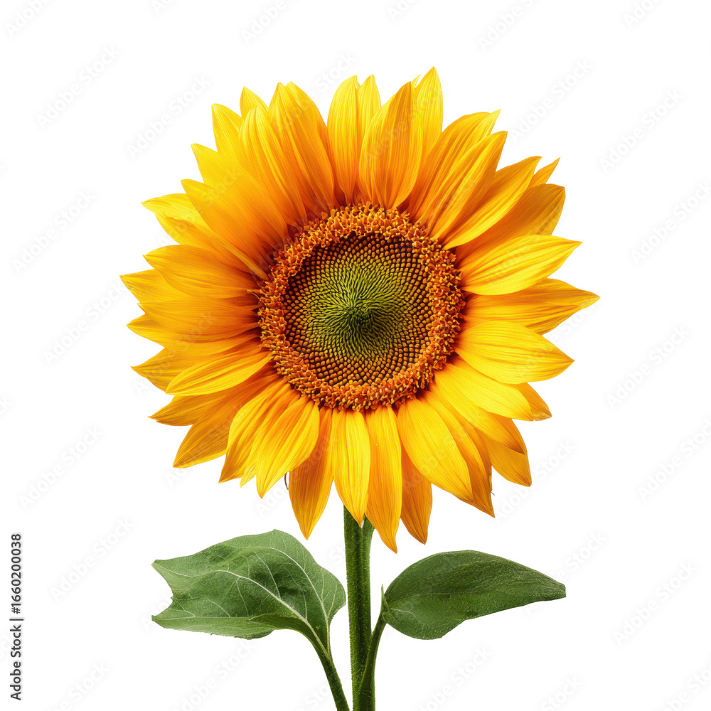 Fototapeta premium Vibrant yellow sunflower with green leaves against black orange petals, Isolated On Png Transparent Background