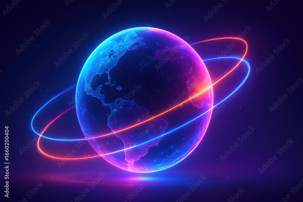 Obraz premium Neon Earth with Glowing Orbits Illustrating Global Connectivity and Futuristic Design