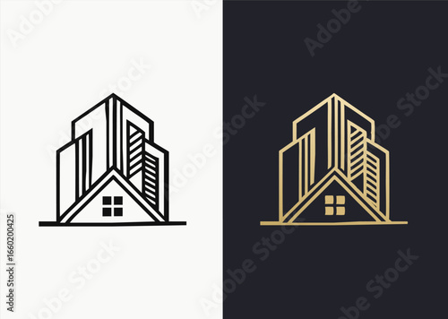Architectural Abstraction: A sophisticated, minimalist line-art design showcasing modern buildings, exuding elegance and contemporary flair, perfect for representing real estate, architecture.