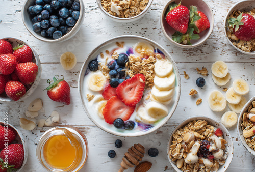 A bowl of yogurt with strawberries, bananas, blueberries, and granola on a white wooden table.