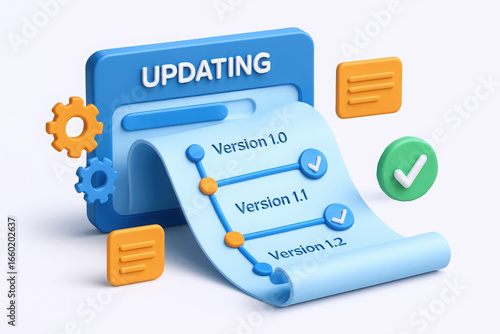 Colorful 3D illustration of an updating interface, showing version release notes and progress indicators.