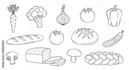 Hand-Drawn Food Items Line Art Illustration
