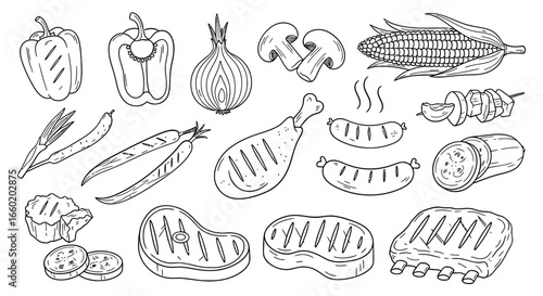 Barbecue Food: Grilled Meat, Vegetables, Sausage Line Art