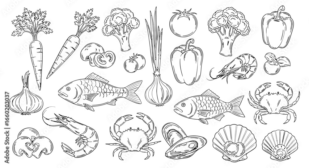 Obraz premium Seafood and Vegetables Line Art Collection