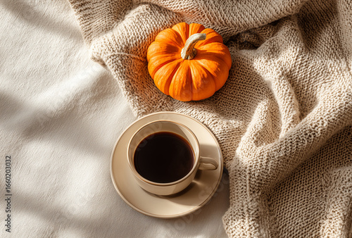 Cozy Autumn Composition: Mini Pumpkin, Coffee Cup, and Knitted Blanket on Soft Fabric