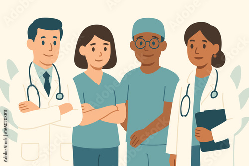 A diverse and dedicated team of medical professionals, including doctors and nurses, stands together, symbolizing modern healthcare and collaborative patient care.