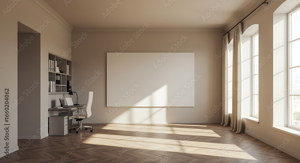 Fototapeta premium A bright, modern, and minimalist interior room with large windows casting sunlight and shadows across the wooden floor, featuring a desk and bookshelf.