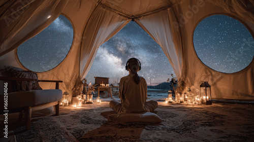 Woman in Cozy Glamping Tent Enjoying Night Sky with Headphones, Candles, and Comfortable Furniture