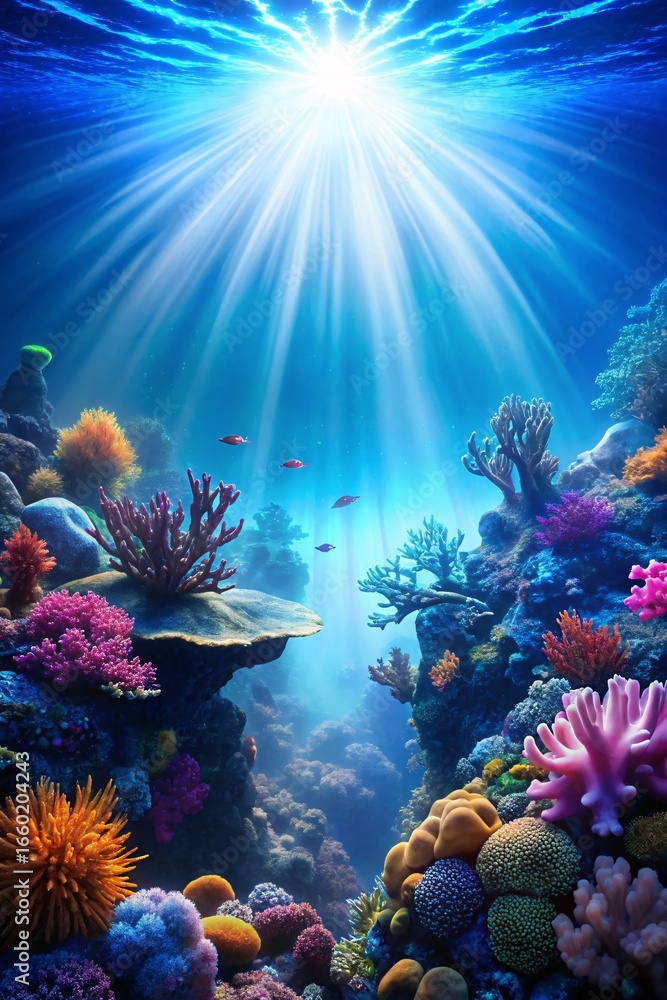 Fototapeta premium Underwater Coral Reef Ecosystem Vibrant Marine Life Sunlight Shimmering Through Ocean Depths Capturing the Beauty of Nature