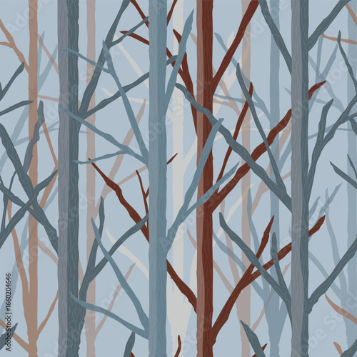 Winter Trees in a Forest of Blues and Browns on a Country Blue Background creating a seamless pattern print