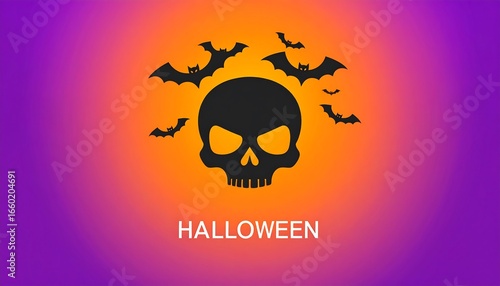 A simple halloween design featuring a skull and bats against a gradient of orange and purple.
