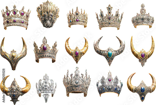 Fifteen assorted ornate crowns and fantasy headpieces with gemstones on white background tiara