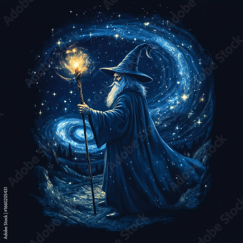 Wise wizard with staff under starry night sky and swirling galaxy