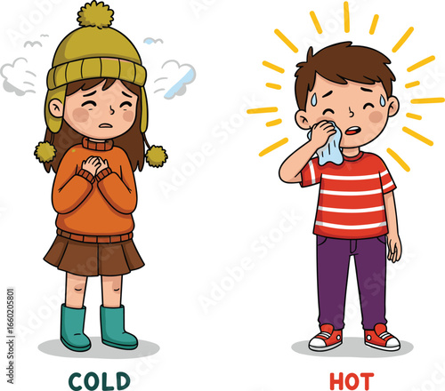 Cold girl in winter clothes and hot sweating boy with handkerchief, contrasting temperature emotions, kids feeling cold and hot