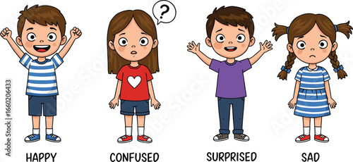Cute cartoon kids showing different emotions, happy, sad, confused, surprised, emotional expression characters, educational illustration for emotion learning