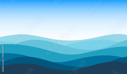 Sea coastline. Open ocean view. Wavy water lines landscape background. Vector illustration.