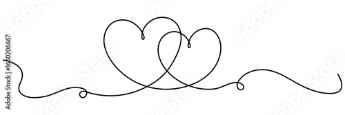 Two hearts continuous line art drawing. Double hearts wavy line. Love couple concept. Vector illustration isolated on white.