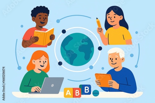 Diversity in Education Vector Illustration, Multicultural Students Connected Around Minimal Globe for Global Learning and Inclusive Classroom with Colorful Flat Design