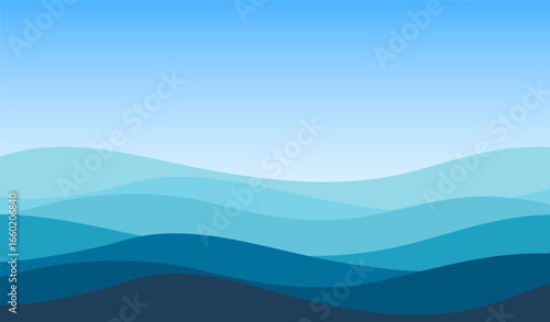 Sea coastline. Open ocean view. Wavy water lines landscape background. Vector illustration.