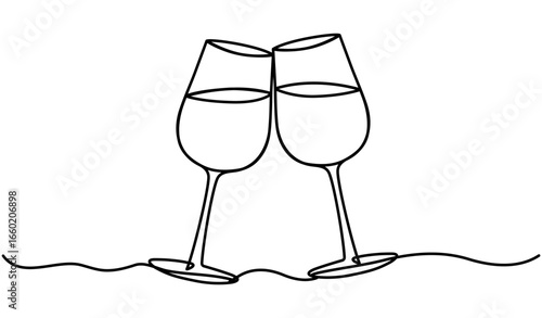 Continuous line wine glasses cheers. Celebration concept. Vector illustration isolated on white. 