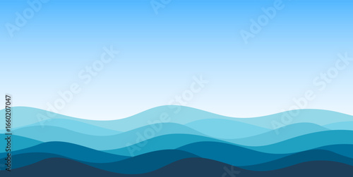 Sea coastline. Open ocean view. Wavy water lines landscape background. Vector illustration.