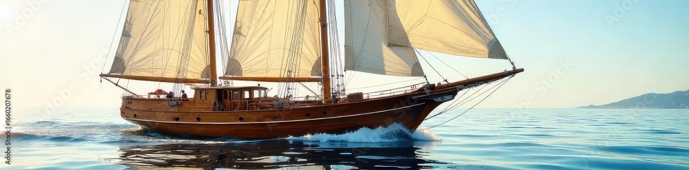 Fototapeta premium Classic wooden sailboat at rest in calm waters, sunlight glinting off the polished hull and sails A timeless image of nautical elegance and maritime history , blue water, ocean, watercraft