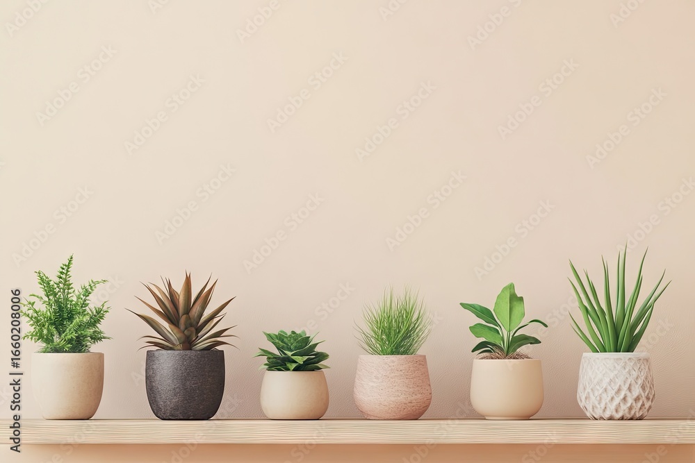 Fototapeta premium Shelf with potted plants against a pale peach wall